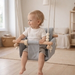 Детска Дървена Люлка GINGER HOME Scandi – Мека Памучна Седалка с Облегалка, 28×28×196 см