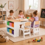 Детска Дървена Маса 3 в 1 GINGER HOME с 2 Столчета, Дъска за Рисуване, Органайзер и Ролка за Хартия, 109x60x55 см