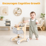 Детска Дървена Проходилка GINGER HOME, Количка за Пазаруване с Кош, Играчка за Бутане, Монтесори, 52 см