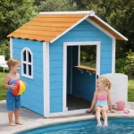 Детска Дървена Къщичка за Игра GINGER HOME – За Ролеви Игри, Двор и Градина, Синя, 118×138×132.5 см