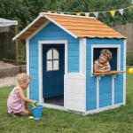 Детска Дървена Къщичка за Игра GINGER HOME – За Ролеви Игри, Двор и Градина, Синя, 118×138×132.5 см