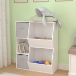 Детска Етажерка GINGER HOME, Органайзер за Книги и Играчки с 2 Текстилни Кутии, Бяла, 76.5×35×93 см