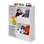 Детска Етажерка GINGER HOME, Органайзер за Книги и Играчки с 2 Текстилни Кутии, Бяла, 76.5×35×93 см