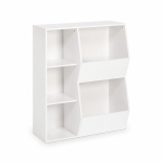 Детска Етажерка GINGER HOME, Органайзер за Книги и Играчки с 2 Текстилни Кутии, Бяла, 76.5×35×93 см