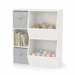 Детска Етажерка GINGER HOME, Органайзер за Книги и Играчки с 2 Текстилни Кутии, Бяла, 76.5×35×93 см