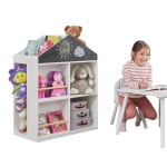 Детска Етажерка за Играчки и Книги GINGER HOME, Къща с Рафтoве и Дъска за Рисуване, Монтесори, Бяла, 72.5x40x95.8 см