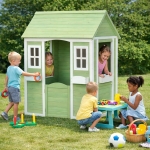 Детска Дървена Къщичка за Игра на Открито GINGER HOME – Градинска Къща за Деца, Зелено и Бяло, 107×90×144 см