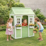 Детска Дървена Къщичка за Игра на Открито GINGER HOME – Градинска Къща за Деца, Зелено и Бяло, 107×90×144 см