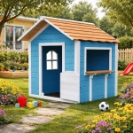 Детска Дървена Къщичка за Игра GINGER HOME – За Ролеви Игри, Двор и Градина, Синя, 118×138×132.5 см