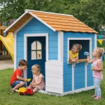 Детска Дървена Къщичка за Игра GINGER HOME – За Ролеви Игри, Двор и Градина, Синя, 118×138×132.5 см