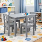 Детска Маса с 4 Столчета GINGER HOME – Дървена Детска Маса за Игра и Учене, Сив Комплект 66×56×48 см