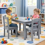 Детска Маса с 4 Столчета GINGER HOME – Дървена Детска Маса за Игра и Учене, Сив Комплект 66×56×48 см