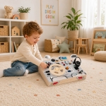 Детски Дървен Бизи Борд Кола GINGER HOME, Волан с Бутони и Звуци, 29.5x22x4 см, Монтесори Играчка