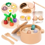 Детски Дървен Кухненски Комплект GINGER HOME, Тенджера с Храни, Риболов и Сортер, Монтесори, 27 части