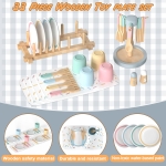 Детски Дървен Сервиз за Хранене 33 части GINGER HOME – Комплект за Ролева Игра с Чинии, Чаши, Прибори и Поставки