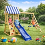 Детски Дървен Комплект за Игра на Открито GINGER HOME 4 в 1 – Пързалка 1.8 м, 2 Люлки, Катерушка и Въжена Мрежа, 308×318×244 см