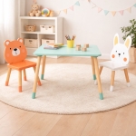 Детска Дървена Маса с 2 Столчета GINGER HOME – Мече и Зайче, Комплект за Игра и Учене