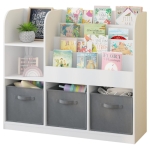 Детски Органайзер GINGER HOME, Етажерка с Рафтове за Играчки и Книги, 3 Текстилни Кутии, Дървен, Бял, 92x30x80 см, Монтесори
