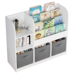 Детски Органайзер GINGER HOME, Етажерка с Рафтове за Играчки и Книги, 3 Текстилни Кутии, Дървен, Бял, 92x30x80 см, Монтесори