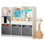 Детски Органайзер GINGER HOME, Етажерка с Рафтове за Играчки и Книги, 3 Текстилни Кутии, Дървен, Бял, 92x30x80 см, Монтесори