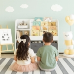 Детски Органайзер GINGER HOME, Етажерка с Рафтове за Играчки и Книги, 3 Текстилни Кутии, Дървен, Бял, 92x30x80 см, Монтесори