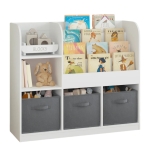 Детски Органайзер GINGER HOME, Етажерка с Рафтове за Играчки и Книги, 3 Текстилни Кутии, Дървен, Бял, 92x30x80 см, Монтесори