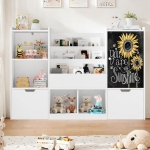 Детски Органайзер за Играчки GINGER HOME с Черна Дъска, Етажерка, 2 Чекмеджета и 6 Отделения, Масивно Дърво и MDF, 140x51x80 см