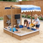 Детски Дървен Пясъчник GINGER HOME с Регулируем Покрив и Аксесоари – Пясъчна Мелница, Писта за Колички, 103x114x110 см
