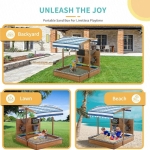 Детски Дървен Пясъчник GINGER HOME с Регулируем Покрив и Аксесоари – Пясъчна Мелница, Писта за Колички, 103x114x110 см