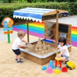 Детски Дървен Пясъчник GINGER HOME с Регулируем Покрив и Аксесоари – Пясъчна Мелница, Писта за Колички, 103x114x110 см