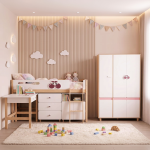 Детски Трикрилен Гардероб GINGER HOME CHERRY, с Рафтове, Лост за Закачалки и 6 Врати, Бяло, Розово и Натурално Дърво, 120х60х180 см