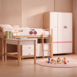 Детски Трикрилен Гардероб GINGER HOME CHERRY, с Рафтове, Лост за Закачалки и 6 Врати, Бяло, Розово и Натурално Дърво, 120х60х180 см