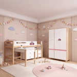 Детски Трикрилен Гардероб GINGER HOME CHERRY, с Рафтове, Лост за Закачалки и 6 Врати, Бяло, Розово и Натурално Дърво, 120х60х180 см