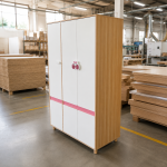Детски Трикрилен Гардероб GINGER HOME CHERRY, с Рафтове, Лост за Закачалки и 6 Врати, Бяло, Розово и Натурално Дърво, 120х60х180 см