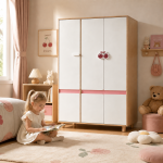 Детски Трикрилен Гардероб GINGER HOME CHERRY, с Рафтове, Лост за Закачалки и 6 Врати, Бяло, Розово и Натурално Дърво, 120х60х180 см