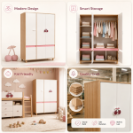 Детски Трикрилен Гардероб GINGER HOME CHERRY, с Рафтове, Лост за Закачалки и 6 Врати, Бяло, Розово и Натурално Дърво, 120х60х180 см