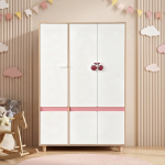 Детски Трикрилен Гардероб GINGER HOME CHERRY, с Рафтове, Лост за Закачалки и 6 Врати, Бяло, Розово и Натурално Дърво, 120х60х180 см