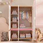 Детски Трикрилен Гардероб GINGER HOME CHERRY, с Рафтове, Лост за Закачалки и 6 Врати, Бяло, Розово и Натурално Дърво, 120х60х180 см
