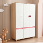 Детски Трикрилен Гардероб GINGER HOME CHERRY, с Рафтове, Лост за Закачалки и 6 Врати, Бяло, Розово и Натурално Дърво, 120х60х180 см