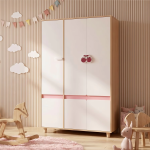 Детски Трикрилен Гардероб GINGER HOME CHERRY, с Рафтове, Лост за Закачалки и 6 Врати, Бяло, Розово и Натурално Дърво, 120х60х180 см