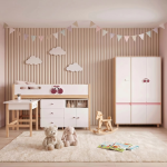 Детски Трикрилен Гардероб GINGER HOME CHERRY, с Рафтове, Лост за Закачалки и 6 Врати, Бяло, Розово и Натурално Дърво, 120х60х180 см