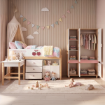 Детски Трикрилен Гардероб GINGER HOME CHERRY, с Рафтове, Лост за Закачалки и 6 Врати, Бяло, Розово и Натурално Дърво, 120х60х180 см