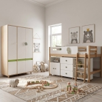 Детски Трикрилен Гардероб GINGER HOME DINO, с Рафтове, Лост за Закачалки и 6 Врати, Бяло, Зелено и Натурално Дърво, 120х60х180 см