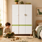Детски Трикрилен Гардероб GINGER HOME DINO, с Рафтове, Лост за Закачалки и 6 Врати, Бяло, Зелено и Натурално Дърво, 120х60х180 см