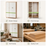 Детски Трикрилен Гардероб GINGER HOME DINO, с Рафтове, Лост за Закачалки и 6 Врати, Бяло, Зелено и Натурално Дърво, 120х60х180 см