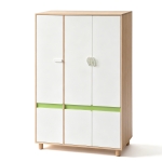 Детски Трикрилен Гардероб GINGER HOME DINO, с Рафтове, Лост за Закачалки и 6 Врати, Бяло, Зелено и Натурално Дърво, 120х60х180 см