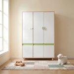 Детски Трикрилен Гардероб GINGER HOME DINO, с Рафтове, Лост за Закачалки и 6 Врати, Бяло, Зелено и Натурално Дърво, 120х60х180 см