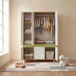 Детски Трикрилен Гардероб GINGER HOME DINO, с Рафтове, Лост за Закачалки и 6 Врати, Бяло, Зелено и Натурално Дърво, 120х60х180 см