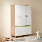 Детски Трикрилен Гардероб GINGER HOME DINO, с Рафтове, Лост за Закачалки и 6 Врати, Бяло, Зелено и Натурално Дърво, 120х60х180 см