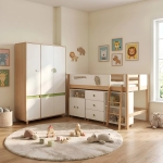 Детски Трикрилен Гардероб GINGER HOME DINO, с Рафтове, Лост за Закачалки и 6 Врати, Бяло, Зелено и Натурално Дърво, 120х60х180 см